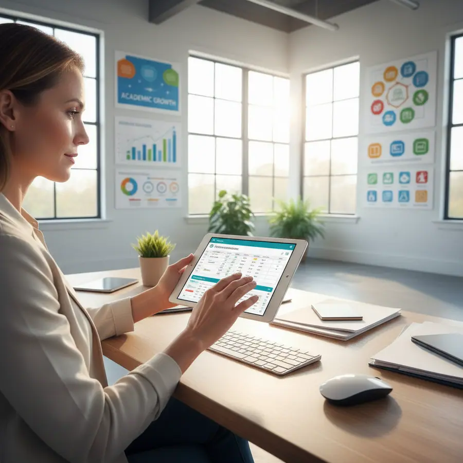 Modern school administrator working at a bright, organized desk with dual monitors showing management dashboards