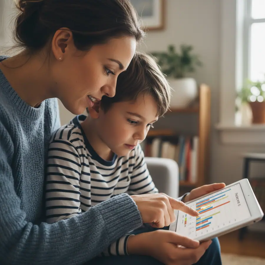 Parent happily reviewing their child's school progress on a smartphone in a bright home environment