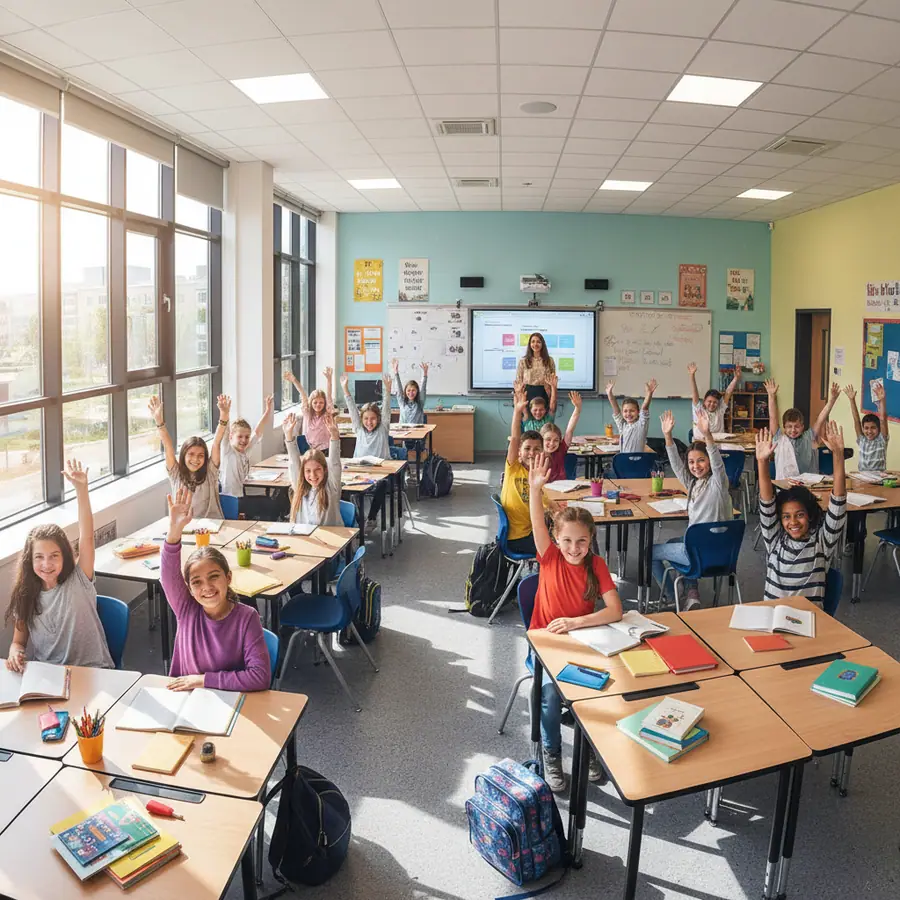 Teacher in a bright modern classroom engaging with students, natural light coming through windows